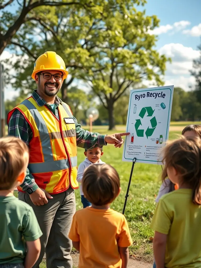 A Ryno Recycle employee educating a group of students about recycling practices, highlighting the company's commitment to education and outreach.