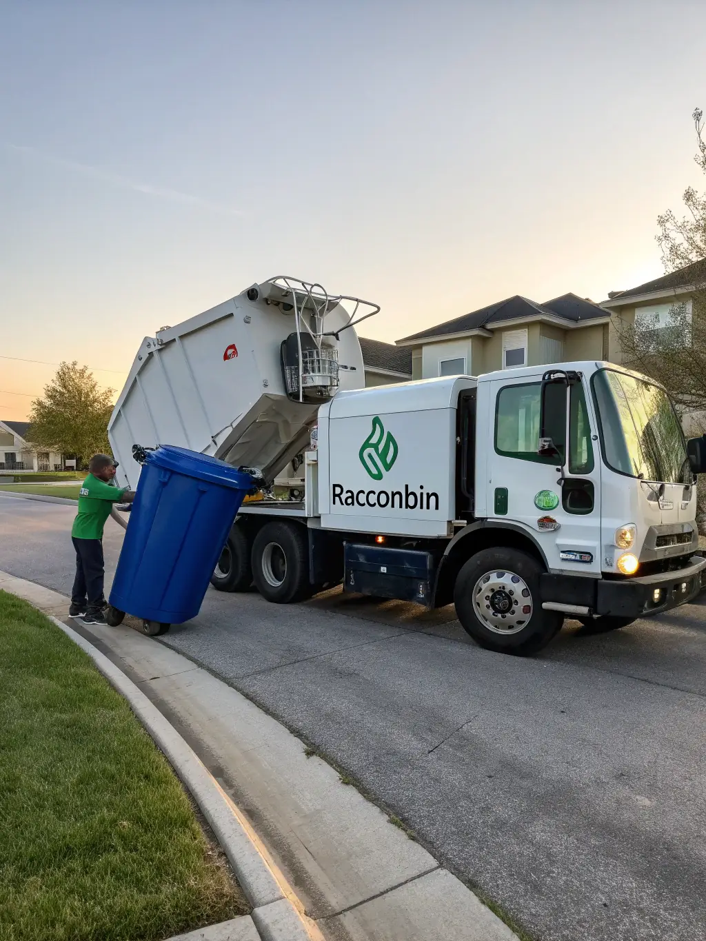 A friendly recycling truck collecting bins from a suburban driveway with clear recycling symbols, showcasing Ryno Recycle's residential service.