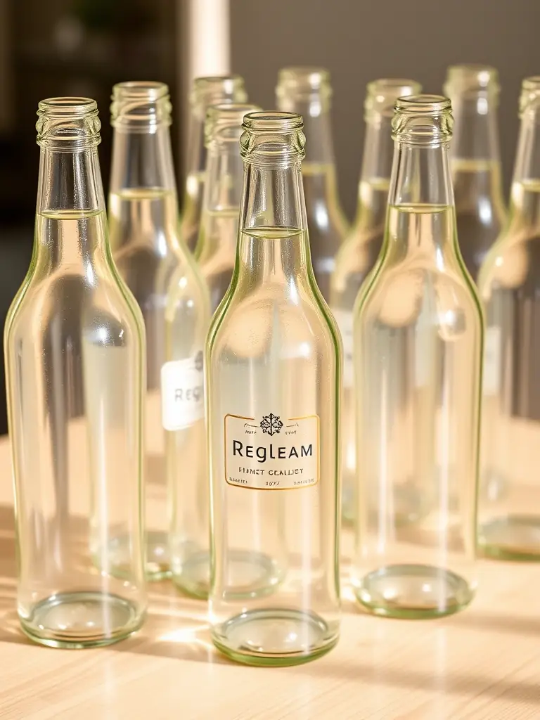 A collection of clean and unbroken glass bottles and jars, sorted by color (clear, green, brown).