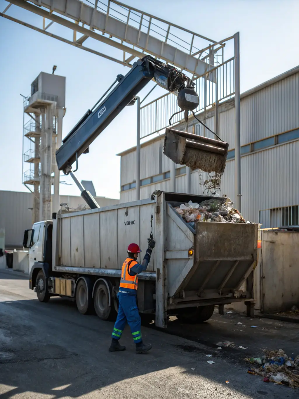 A commercial recycling truck unloading recyclables at a processing facility with business logos visible, representing Ryno Recycle's commercial solutions.