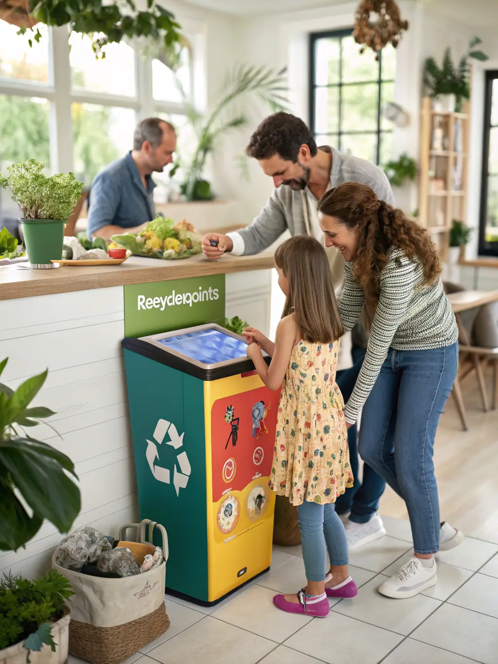 A family sorting recyclable materials into a Ryno Recycle bin at home, emphasizing the importance of community involvement in recycling.